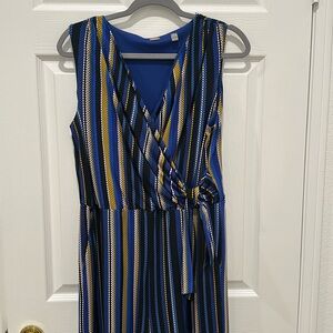 Tahari Blue and Black/White/Yellow Striped Jumpsuit with Wide-Leg Design
